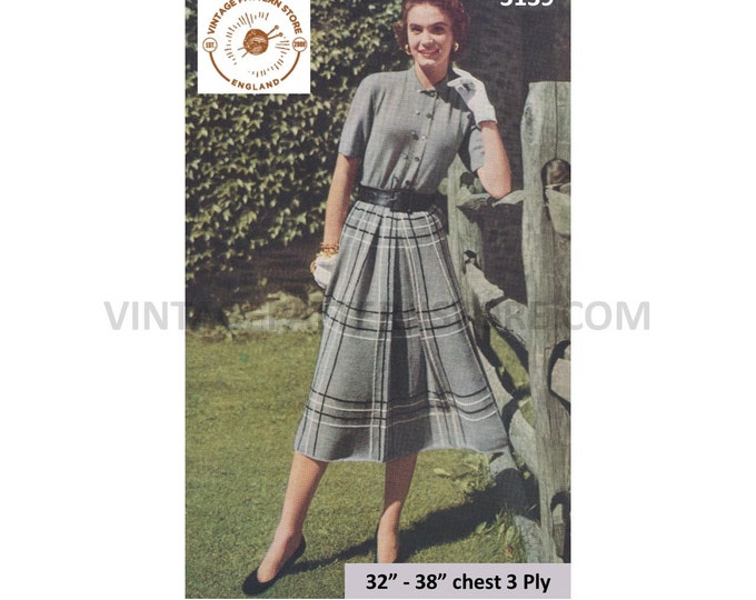 Ladies Womens 50s vintage 3 ply plaid maxi skirt and short sleeve Summer top blouse pdf knitting pattern 32" to 38" Instant Download 3139