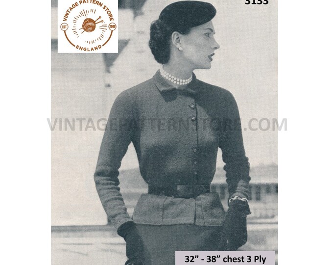 Ladies Womens 50s vintage 3 ply side fastened round neck collared raglan jacket pdf knitting pattern 32" to 40" chest Instant Download 3133