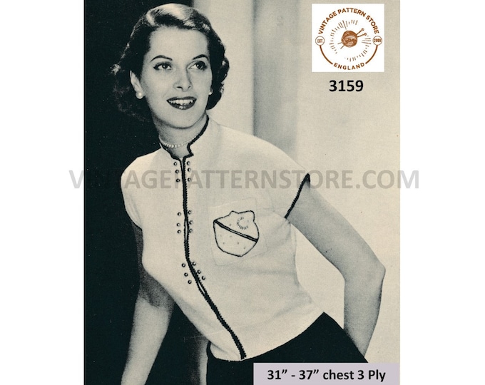 Ladies Womens 50s 3 ply Mandarin collar round neck cap sleeve cardigan blazer waistcoat pdf knitting pattern 31" to 37" Download 3159