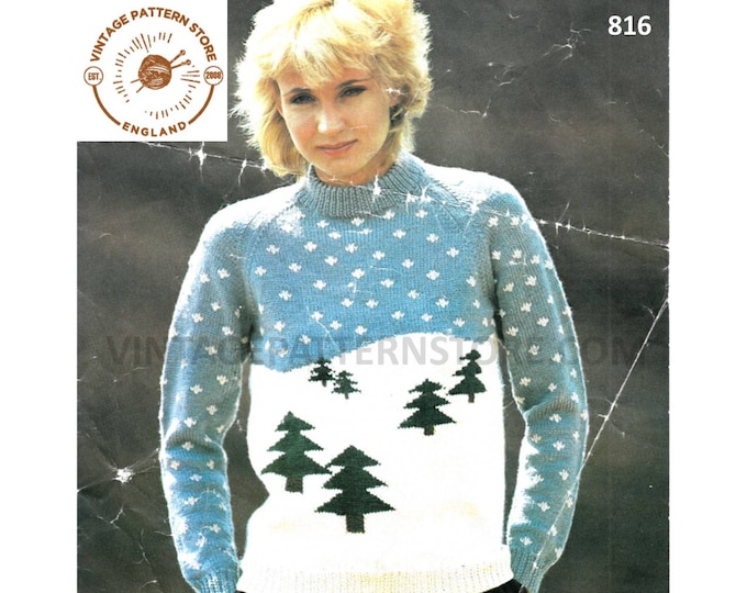 Ladies Womens Girls 80s vintage crew neck Christmas tree intarsia DK raglan sweater jumper pdf knitting pattern 28" to 38" PDF download 816