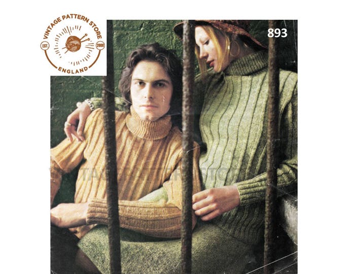 Womens Ladies Mens 70s vintage polo neck turtleneck wide rib ribbed raglan sweater jumper pdf knitting pattern 34" to 44" PDF download 893