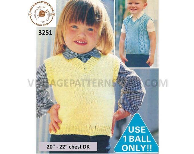 Boys Girls Toddlers 80s vintage DK V neck easy to knit plain & cabled sweater vest tank top pdf knitting pattern 20" to 22" Download 3251