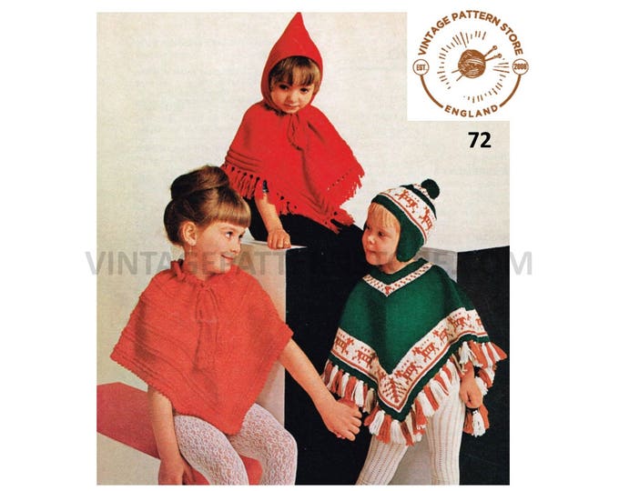Girls 80s vintage Swedish Christmas fair isle fringed pixie hood and ribbed poncho pdf knitting pattern 2 to 9 years Instant PDF Download 72