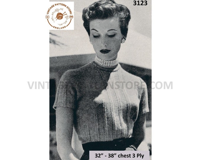 Ladies Womens 50s vintage round neck short sleeve cable cabled 3 ply Summer sweater jumper pdf knitting pattern 32" to 38" Download 3123