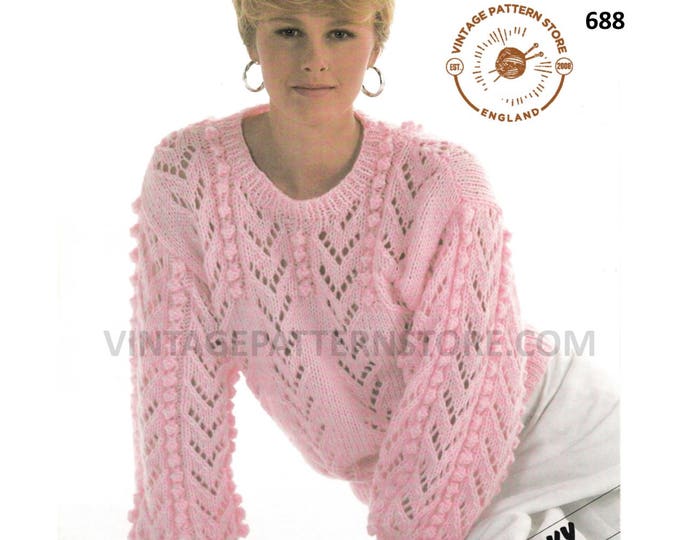 Ladies Womens 90s round neck cabled lacy chunky knit drop shoulder dolman sweater jumper pdf knitting pattern 32" to 42" PDF Download 688