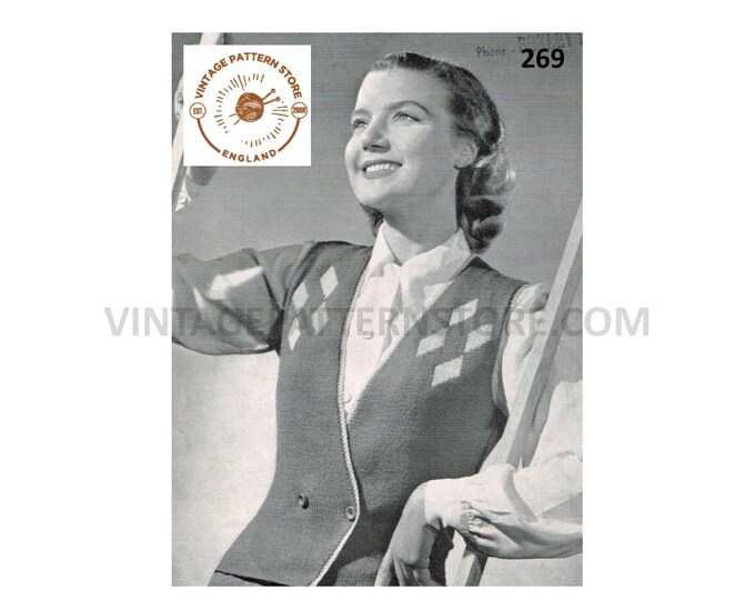 Ladies Womens 40s vintage 3 ply V neck crossover diamond yoke yoked waistcoat pdf knitting pattern 33" to 34" chest Instant PDF Download 269