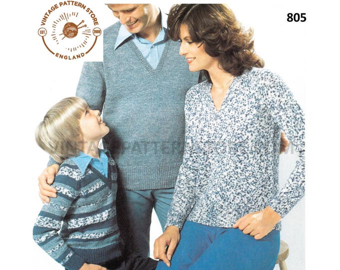 Ladies Womens Mens Boys Girls 70s family simple & easy to knit V neck 4 ply raglan sweater pdf knitting pattern 24" to 44" Download 805