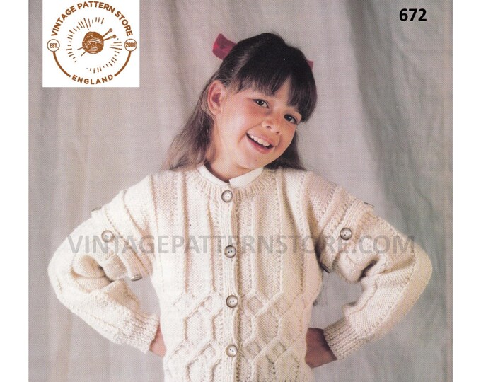 Girls 90s vintage round neck cable cabled drop shoulder dolman aran cardigan pdf knitting pattern 22" to 32" chest Instant PDF download 672