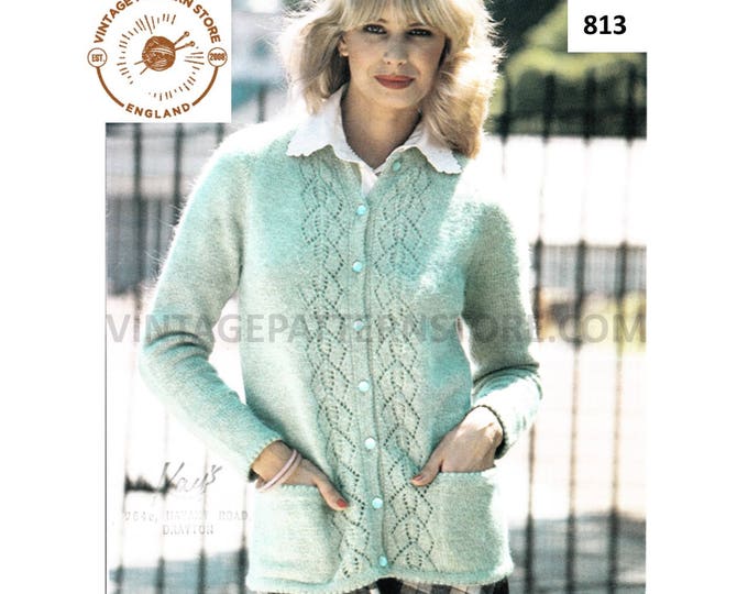 Ladies Womens 80s vintage 2 ply round neck lacy eyelet lace panel raglan cardigan pdf knitting pattern 34" to 40" chest Instant download 813