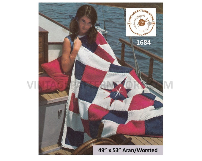 70s vintage cable and check nautical sailing aran afghan throw pdf knitting pattern 49" x 53" Instant PDF download 1684