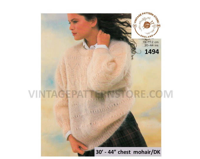 Ladies Womens 90s round neck drop shoulder lacy mohair slouchy dolman sweater jumper pdf knitting pattern 30" to 44" chest PDF Download 1494