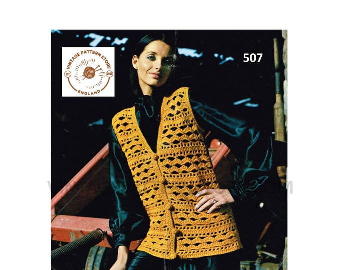 Ladies Womens 70s vintage bold lacy lace chunky V neck waistcoat pdf crochet pattern 30" to 36" chest Instant PDF download 507