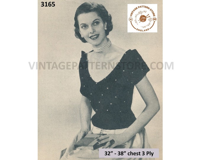 Ladies Womens 50s vintage 3 ply V neck rhinestone beaded short sleeve evening top blouse pdf knitting pattern 32" to 38" Bust Download 3165