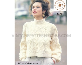 Aran Cable Sweater Knitting Pattern: Funnel Neck, Dolman Sleeve (PDF Pattern) 30"-38" Bust