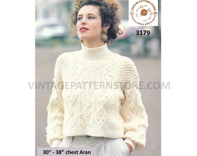 Ladies Womens 90s funnel neck cropped cabled cable drop shoulder dolman aran sweater jumper pdf knitting pattern 30" to 38" Download 3179