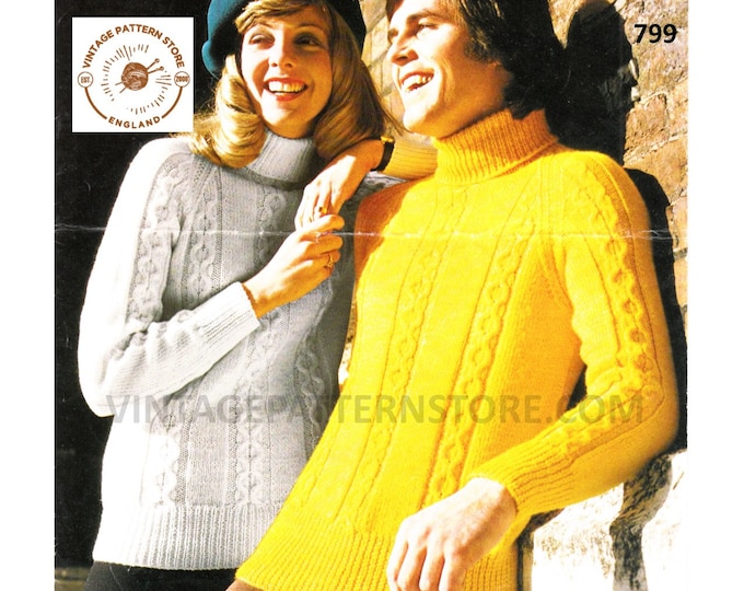 Ladies Womens Mens 70s vintage DK polo neck turtleneck cable cabled raglan sweater jumper pdf knitting pattern 34" to 44" PDF download 799