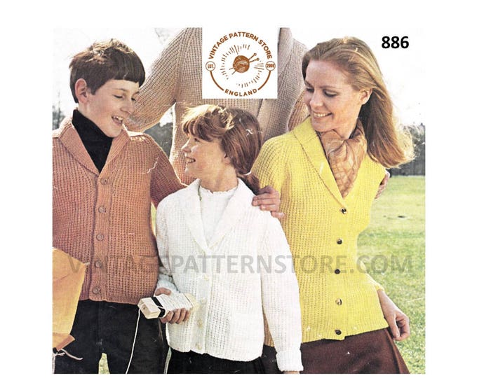 Ladies Womens Mens Boys Girls 60s Family easy to knit DK shawl collar textured raglan cardigan pdf knitting pattern 28" to 44" Download 886