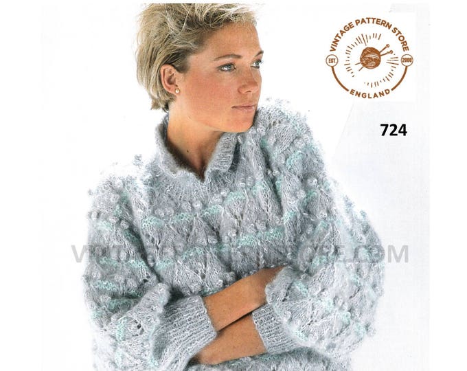 Womens 90s worsted split funnel neck drop shoulder bobble cable & eyelet lace dolman sweater pdf knitting pattern 30" to 40" Download 724