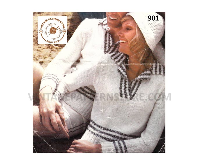Ladies Womens Mens 70s vintage crossover V neck striped raglan sweater jumper & crochet hat pdf knitting pattern 32" to 44" Download 901