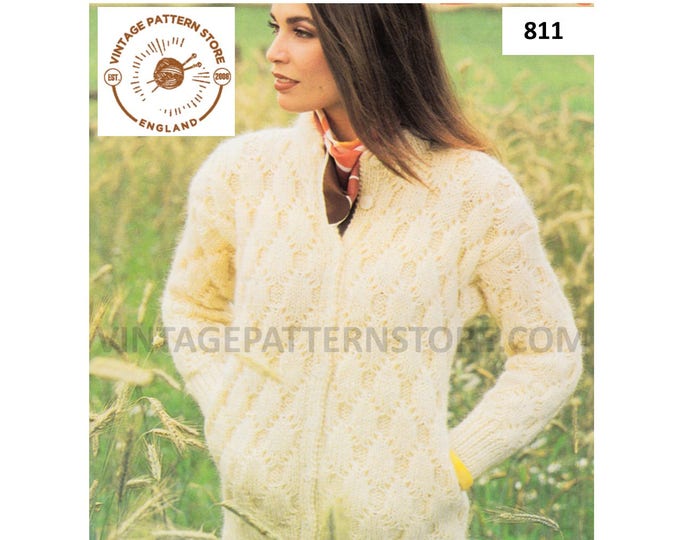 Ladies Womens 90s round neck drop shoulder chunky knit cable cabled raglan jacket cardigan pdf knitting pattern 32" to 38" PDF download 811