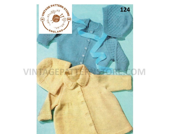 Newborn Baby Babies 80s easy to knit & cabled DK matinee coat jacket bonnet and cap hat pdf knitting pattern birth to 12 months Download 124