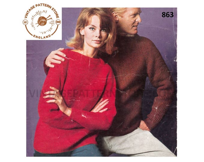 Ladies Womens Mens 60s vintage simple and easy to knit slash neck DK raglan sweater jumper pdf knitting pattern 34" to 42" Download 863