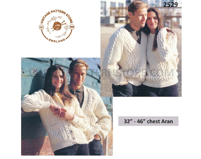 Ladies Womens Mens Mans 90s V and crew neck cable cabled raglan aran cardigan sweater jumper pdf knitting pattern 32" to 46" Download 2529