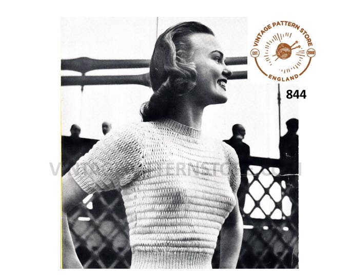 Ladies Womens 50s vintage 3 ply round neck string lace short sleeve raglan Summer sweater jumper pdf knitting pattern 34"to 36" Download 844