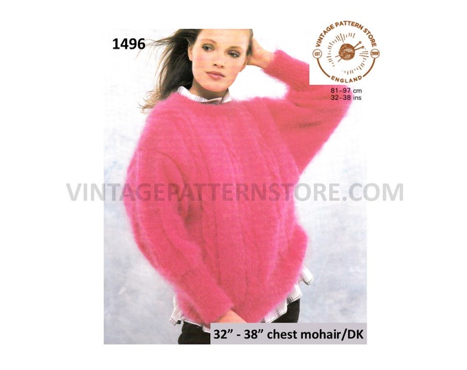 Ladies Womens 90s crew neck cable cabled drop shoulder slouchy dolman mohair sweater jumper pdf knitting pattern 32" to 38" Download 1496