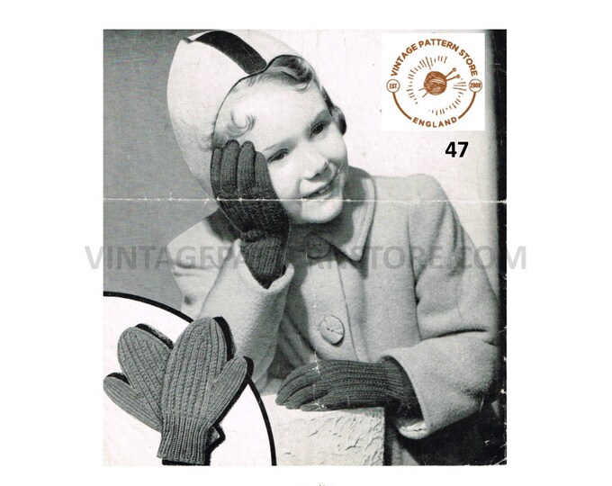 Girls Boys 30s vintage easy to knit 3 ply gloves and mittens pdf knitting pattern ages 2 to 12 years Instant PDF Download 648