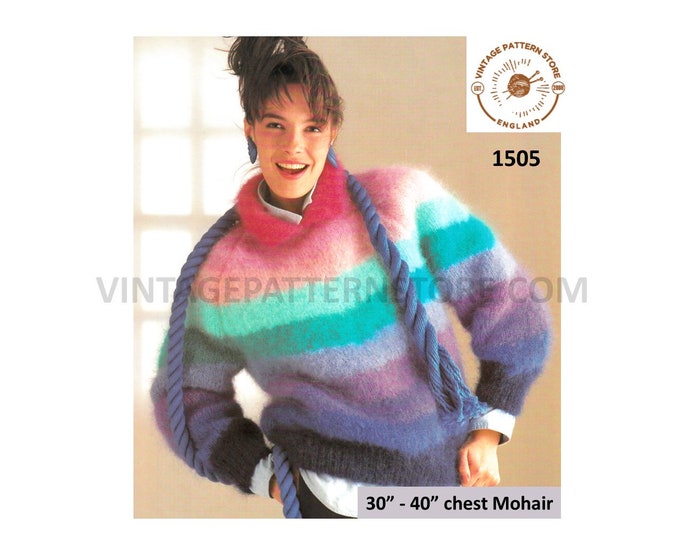 Ladies Womens 90s rainbow striped raglan mohair or DK pride sweater jumper pullover pdf knitting pattern 30" to 40" chest PDF Download 1505