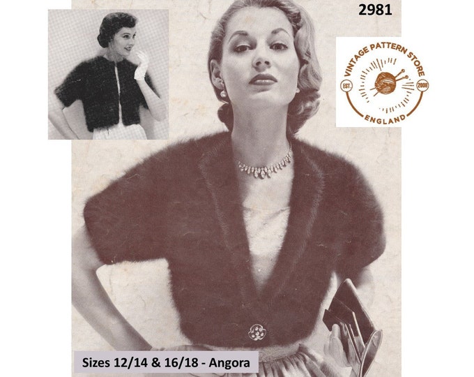 Ladies Womens 50s vintage V neck collared short sleeve angora cardigan evening jacket pdf knitting pattern Size 12 to 18 Download 2981