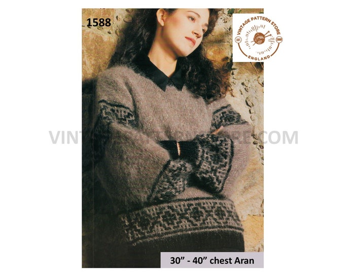 Ladies Womens 90s fair isle banded drop shoulder dolman aran sweater jumper pdf knitting pattern 30" to 40" chest Instant PDF Download 1588