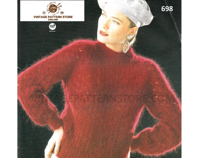 Ladies Womens 90s crew neck raglan aran sweater jumper pullover pdf knitting pattern 30" to 40" chest Instant PDF download 698