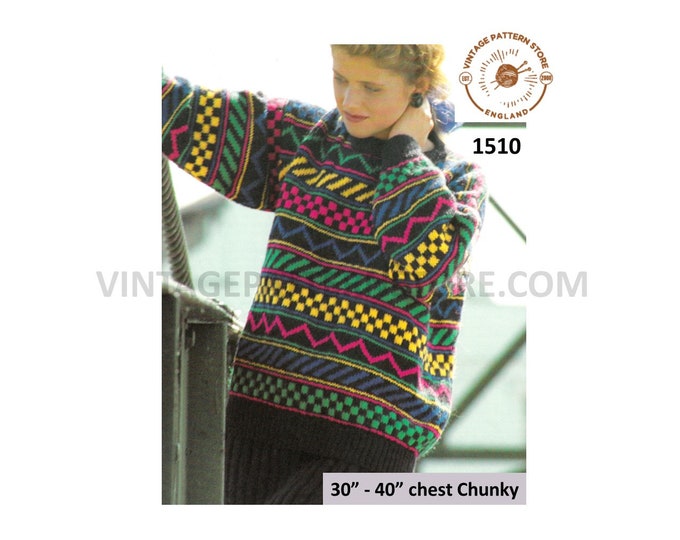 Ladies Womens 90s crew neck fair isle banded drop shoulder DK dolman sweater jumper and skirt pdf knitting pattern 30" to 40" Download 1510