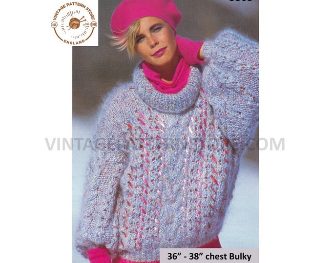 Ladies Womens 80s vintage bulky knit polo neck lacy lace ribbed ribbon sweater jumper pdf knitting pattern 36" to 38" bust PDF Download 3305