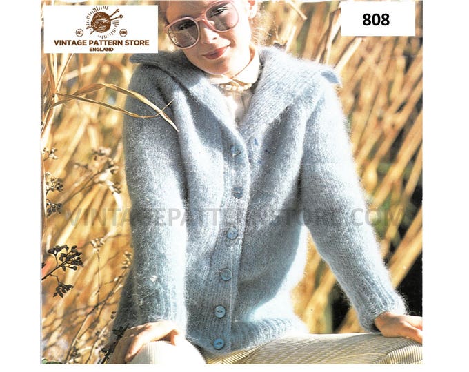 Ladies Womens 70s vintage plain and simple easy to knit V neck collared raglan mohair cardigan pdf knitting pattern 32" to 42" Download 808