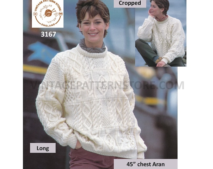 Ladies Womens 90s crew neck long & short cable cabled drop shoulder dolman aran sweater jumper pdf knitting pattern 45" chest Download 3167