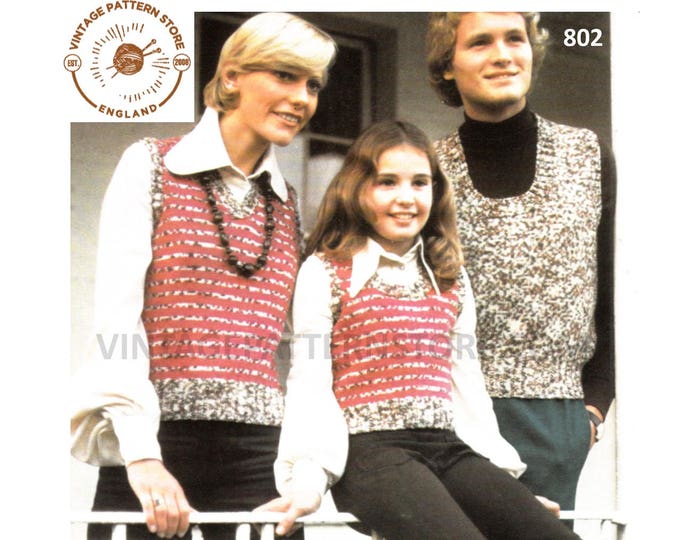 Ladies Womens Mens Boys Girls 70s Family easy to knit scoop neck striped or plain DK tank top pdf knitting pattern 26" to 44" Download 802