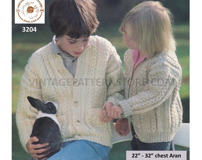 Boys Girls 80s vintage V or round neck cable cabled drop shoulder dolman aran cardigan pdf knitting pattern 22" to 32" chest Download 3204