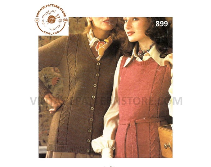 Ladies Womens 70s DK cable panel cabled raglan cardigan & belted round neck sleeveless tunic pdf knitting pattern 32" to 38"  Download 899