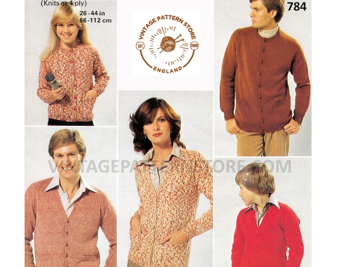 Ladies Womens Mens Girls Boys 70s family vintage simple and easy to knit 4 ply raglan cardigan pdf knitting pattern 26" to 44" download 784