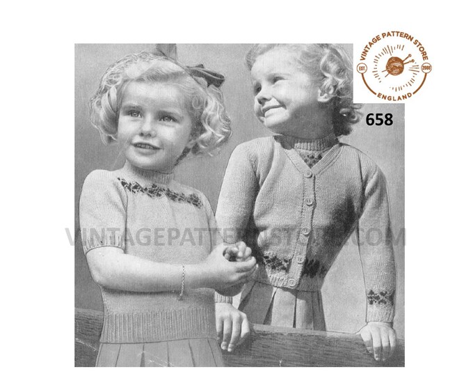 Girls 40s vintage 3 ply V neck fair isle banded raglan cardigan & crew neck sweater twin set pdf knitting pattern ages 5 to 6 Download 658
