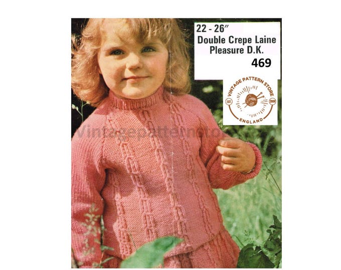 Girls Toddlers 80s vintage DK crew neck cable cabled raglan sweater jumper and skirt pdf knitting pattern 22" to 26" chest PDF download 469