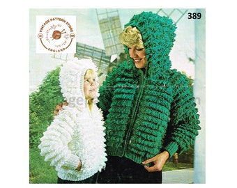 Ladies Womens Girls 70s vintage chunky knit loopy zip up raglan hoodie jacket coat pdf knitting pattern 24" to 40" chest PDF Download 389