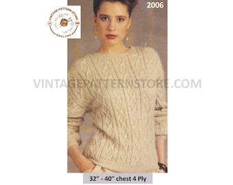 90s Cable Knit Sweater Knitting Pattern, Dolman Sleeve Jumper (PDF Pattern) 32-40" Bust