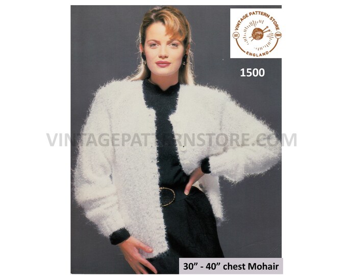 Ladies Womens 90s easy to knit square neck drop shoulder dolman mohair cardigan jacket pdf knitting pattern 30" to 40" chest Download 1500