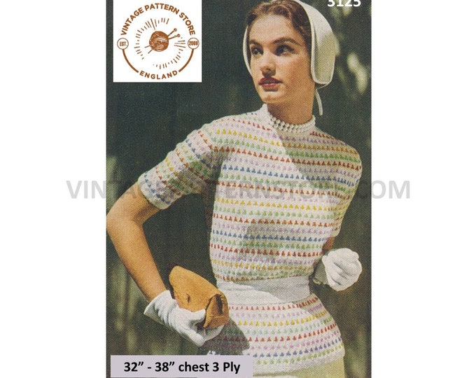 Ladies Womens 50s round neck short sleeve spot & stripe long line raglan summer sweater jumper pdf knitting pattern 32" to 38" Download 3125