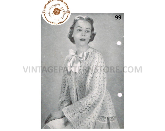 Womens Ladies 50s vintage lacy lace flared sleeve ribbon tie bed jacket pdf knitting pattern 34" to 38" chest Instant PDF Download 99