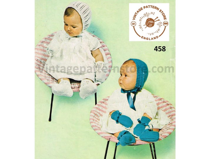 Baby Babies 50s vintage easy to knit picot and ribbon bonnet mittens and booties bootees pdf knitting pattern Instant PDF download 458